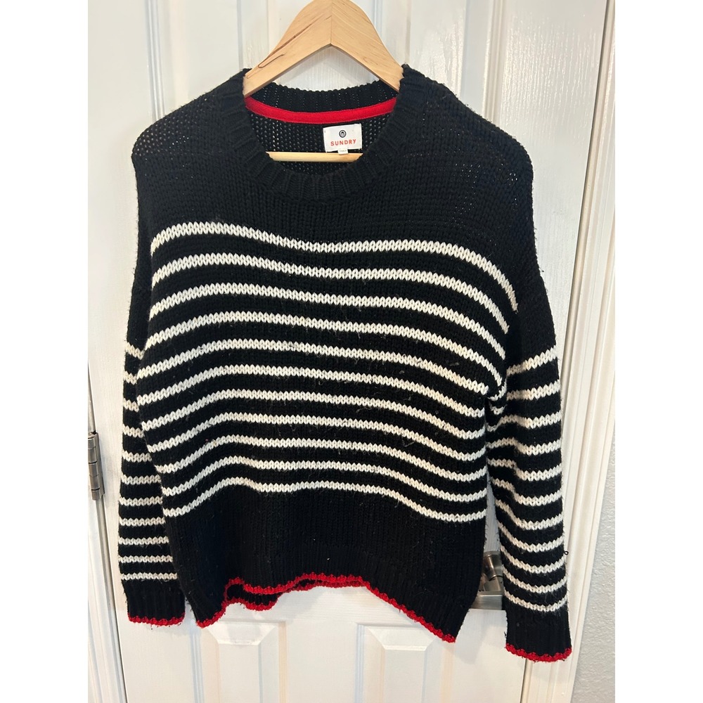 Sundry Wool Blend Striped Chunky Knit Sweater Black White Red Trim‎ Size 0 XS
